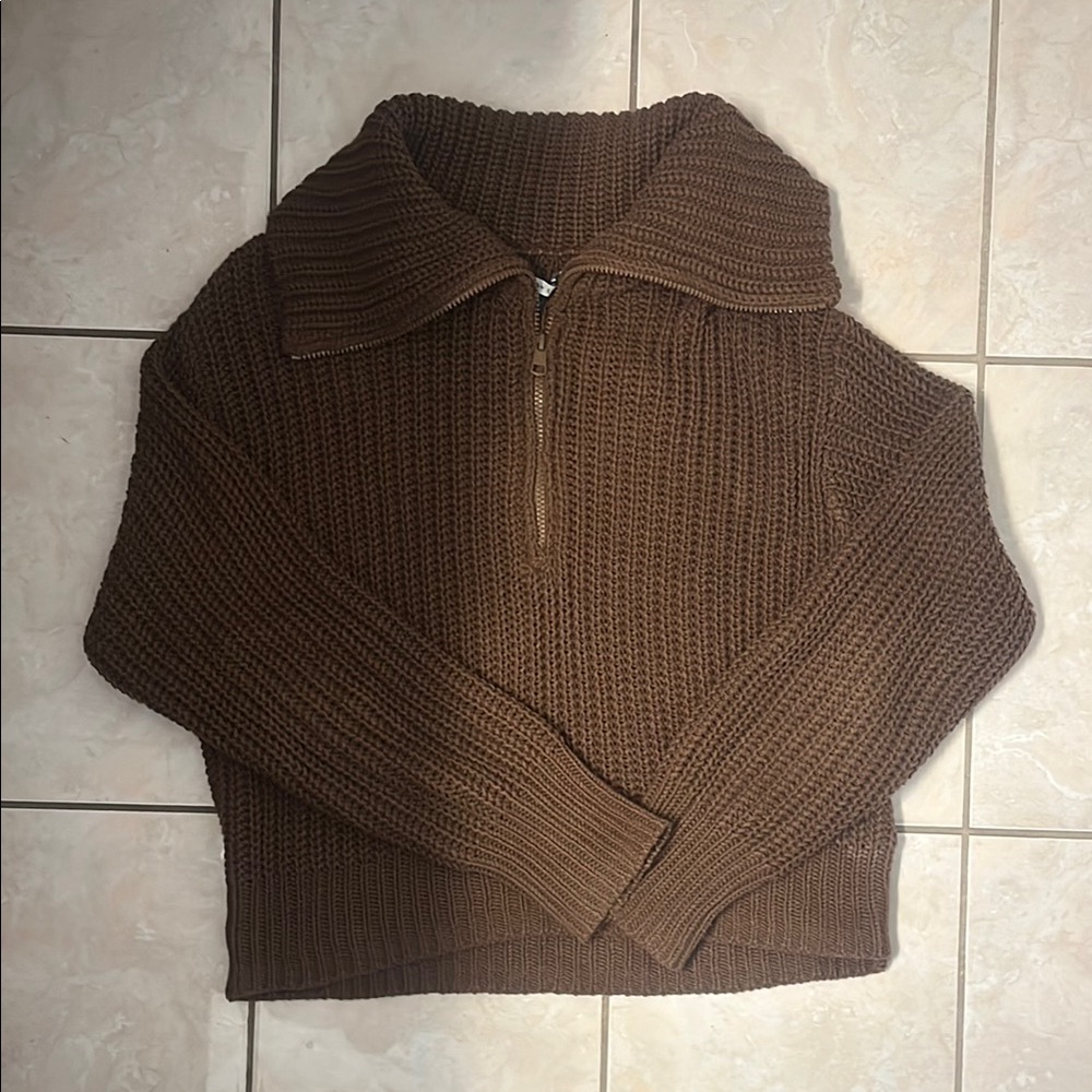 Brown Knit Sweater with Zipper